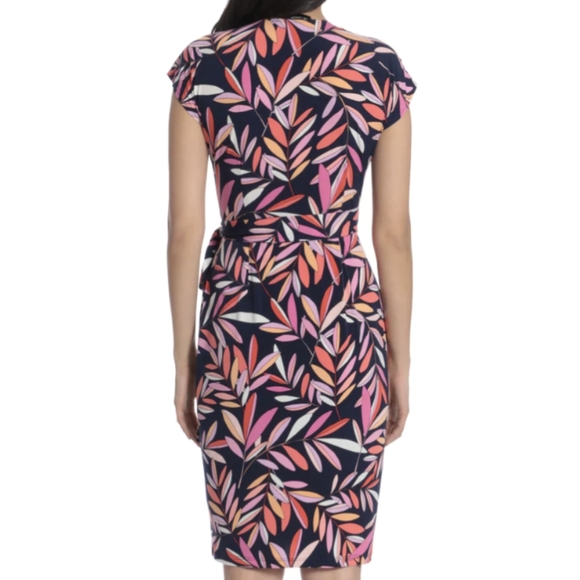 Maggy London "Leana" Wrap Midi Dress Navy Pastel Leaf Floral Print Sz 8 - Picture 3 of 10